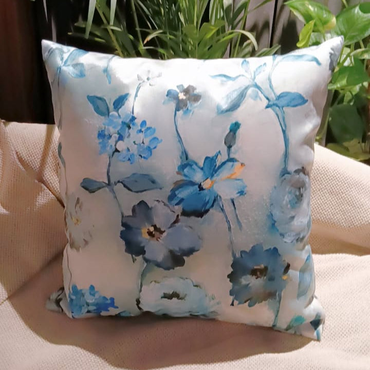 Floral dreams  Printed Suede Premium Fabric Cushion Cover  white base with blue floral pattern
