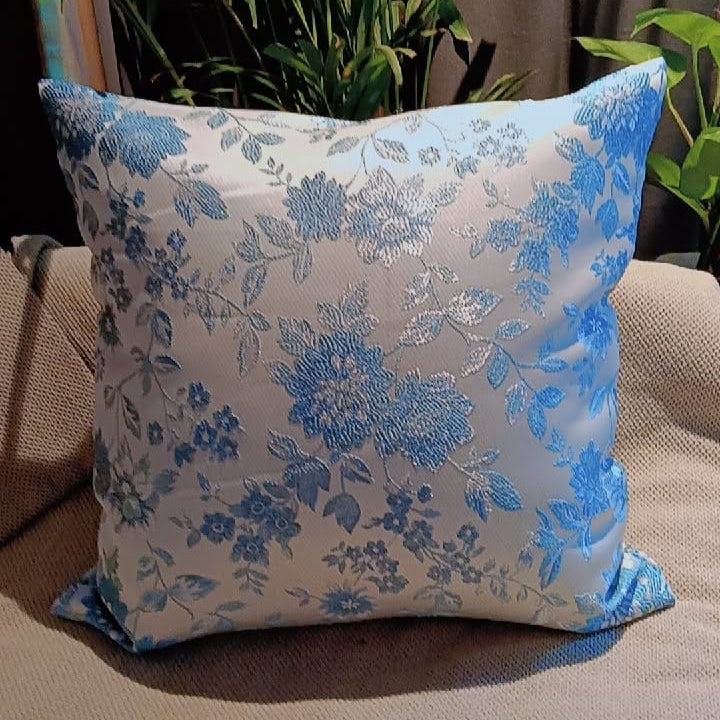 Morning dew Satin silk with embroidery Fabric Cushion Cover  Satin silk with golden background and blue thread embroidered with floral pattern