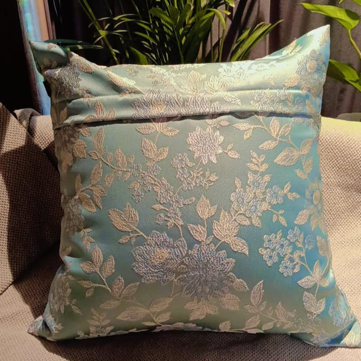 Serene Bloom Satin silk with embroidery Fabric Cushion Cover  Satin silk with sea green background and gold embroidered with floral pattern