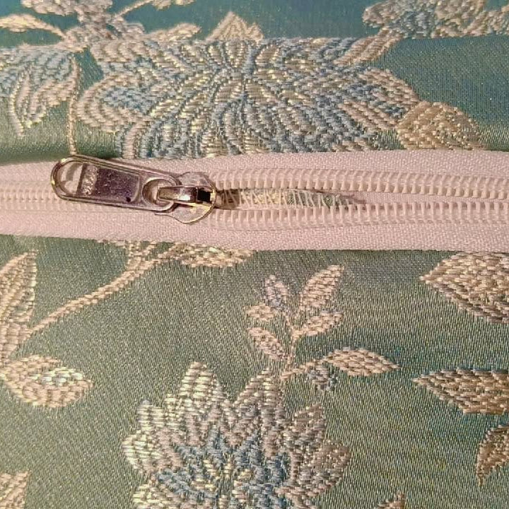 Serene Bloom Satin silk with embroidery Fabric Cushion Cover  Satin silk with sea green background and gold embroidered with floral pattern