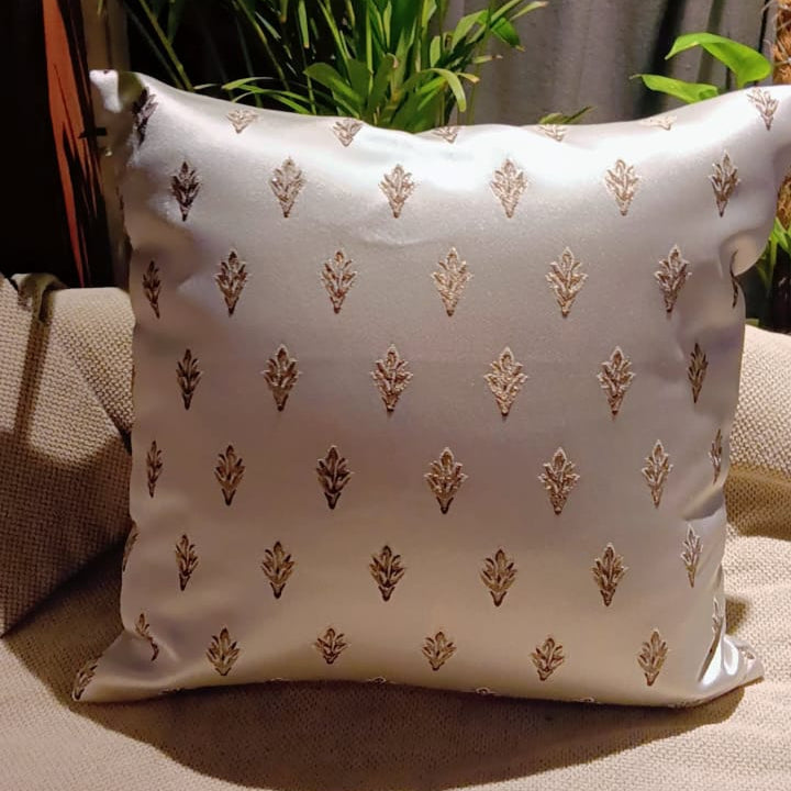 Golden motif Satin silk with embroidery Fabric Cushion Cover  Satin silk with gold embroidered designs inspired by traditional Indian aesthetics