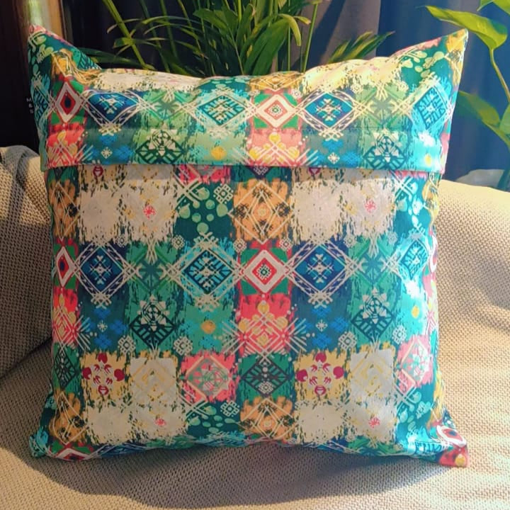 Kolamkar dreams Printed Suede Premium Fabric Cushion Cover  intricate pattern with mix of colours and shapes that evolve a sense of cultural heritage. Inspired by traditional Indian motifs