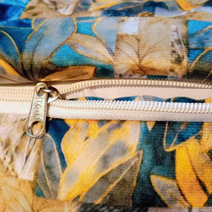 Leafy patchwork  Printed Suede Premium Fabric Cushion Cover  patchwork design with various shares of blue and yellow leaves