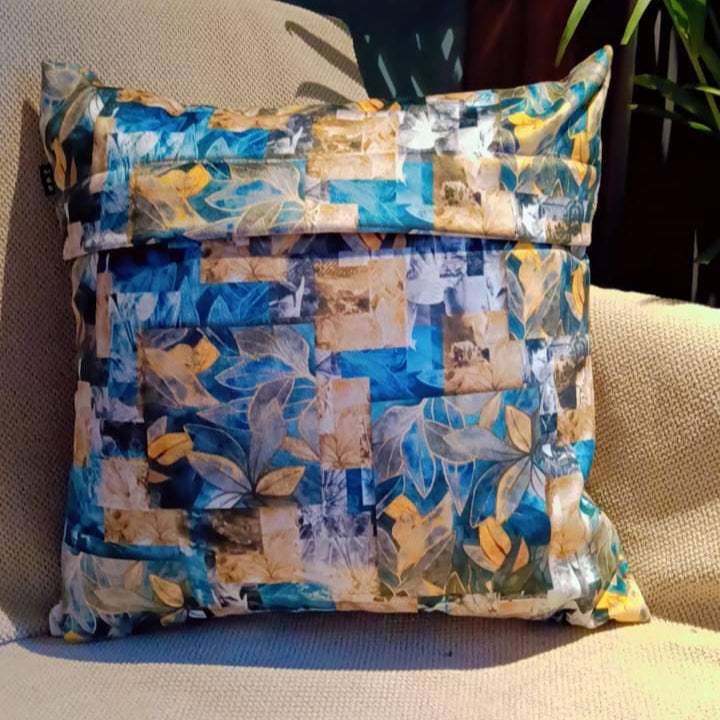 Leafy patchwork  Printed Suede Premium Fabric Cushion Cover  patchwork design with various shares of blue and yellow leaves