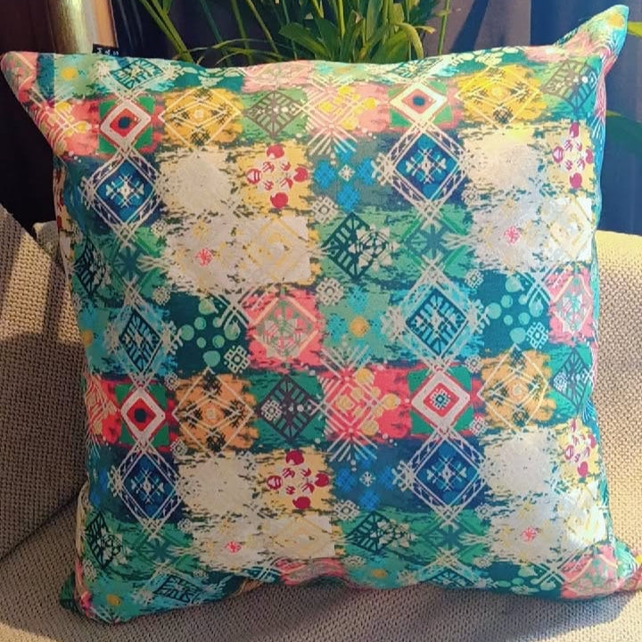 Kolamkar dreams Printed Suede Premium Fabric Cushion Cover  intricate pattern with mix of colours and shapes that evolve a sense of cultural heritage. Inspired by traditional Indian motifs