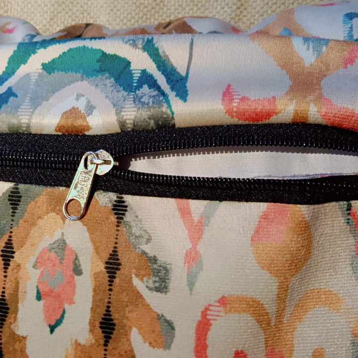 Vibrant oasis Printed Suede Premium Fabric Cushion Cover Aesthetic design with pastel colors like pink, blue, yellow, and green on a white background.