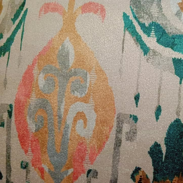 Vibrant oasis Printed Suede Premium Fabric Cushion Cover Aesthetic design with pastel colors like pink, blue, yellow, and green on a white background.