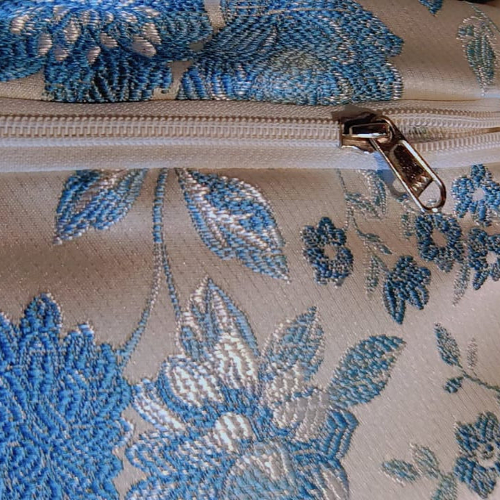 Morning dew Satin silk with embroidery Fabric Cushion Cover  Satin silk with golden background and blue thread embroidered with floral pattern