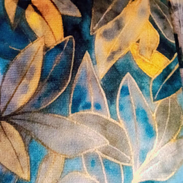 Leafy patchwork  Printed Suede Premium Fabric Cushion Cover  patchwork design with various shares of blue and yellow leaves