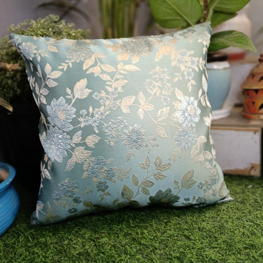 Serene Bloom Satin silk with embroidery Fabric Cushion Cover  Satin silk with sea green background and gold embroidered with floral pattern