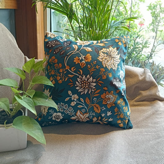 Pale Floral  Printed Suede Premium Fabric Cushion Cover  Yellow Flowers &  Leaves on Blue  Colour Base