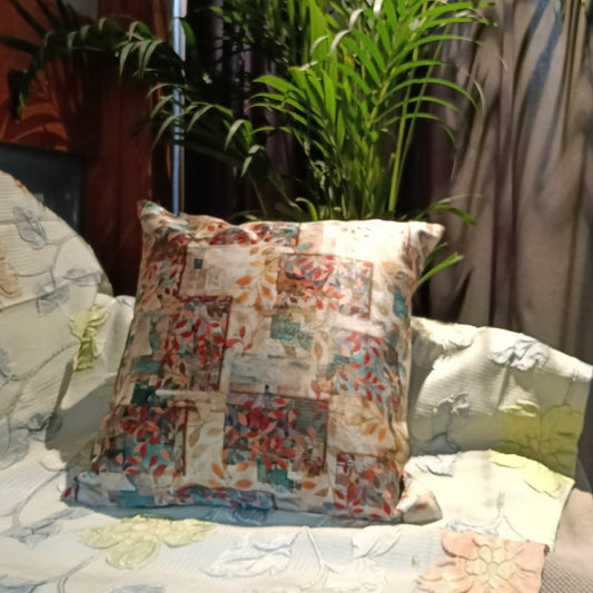 Harvest Hue Printed Suede Premium Fabric Cushion Cover  Mix of blue, Orange and white hues creating a visually appealing and unique pattern