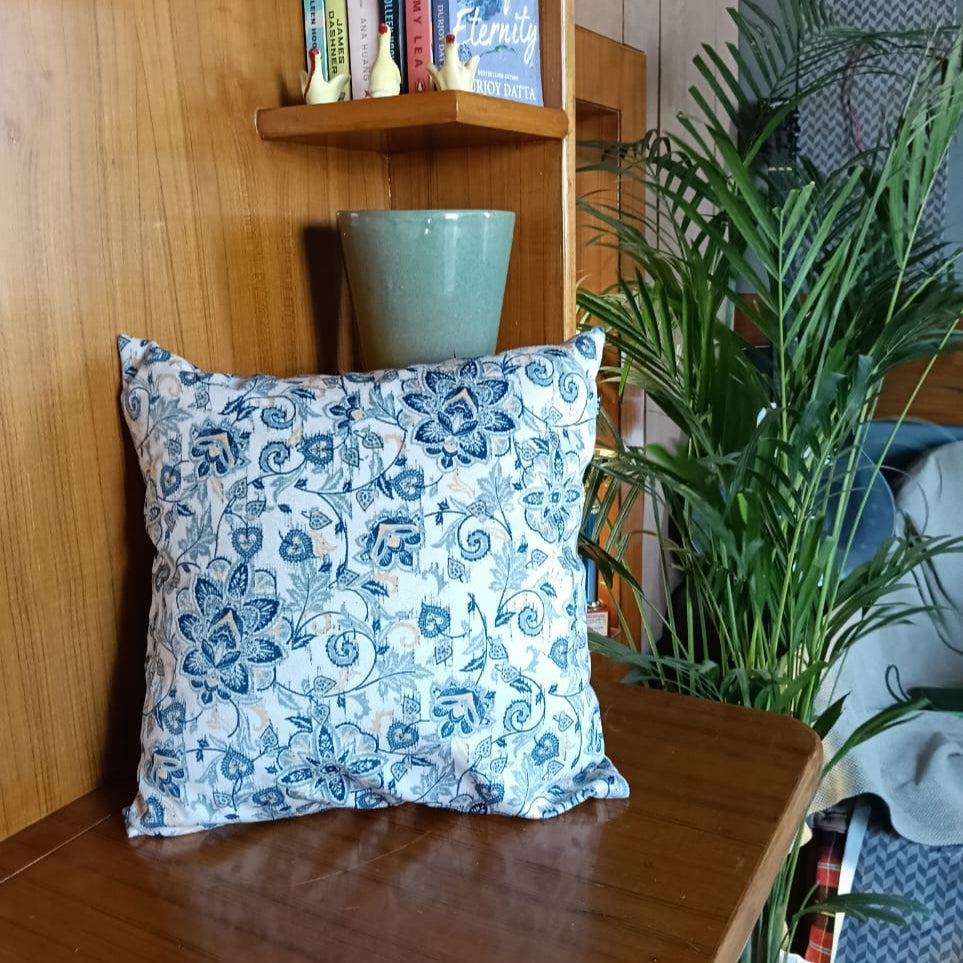 Floral Harmony  Printed Suede Premium Fabric Cushion Cover  Blue Shade on Beige Colour Base