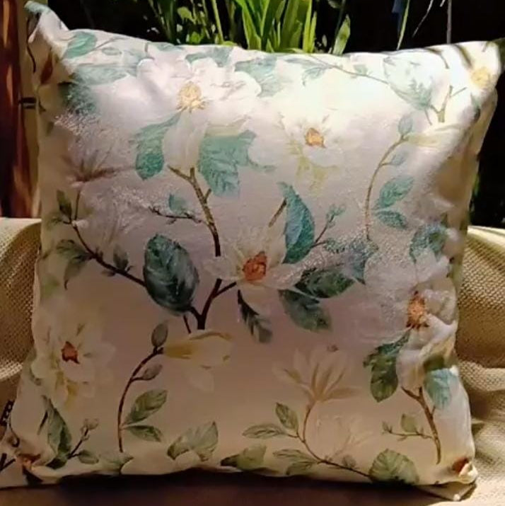 Mongolia Floral Printed Suede Premium Fabric Cushion Cover  Green Leaves on Beige Color Base