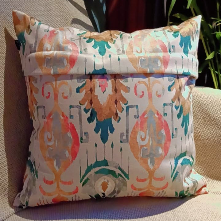 Vibrant oasis Printed Suede Premium Fabric Cushion Cover Aesthetic design with pastel colors like pink, blue, yellow, and green on a white background.