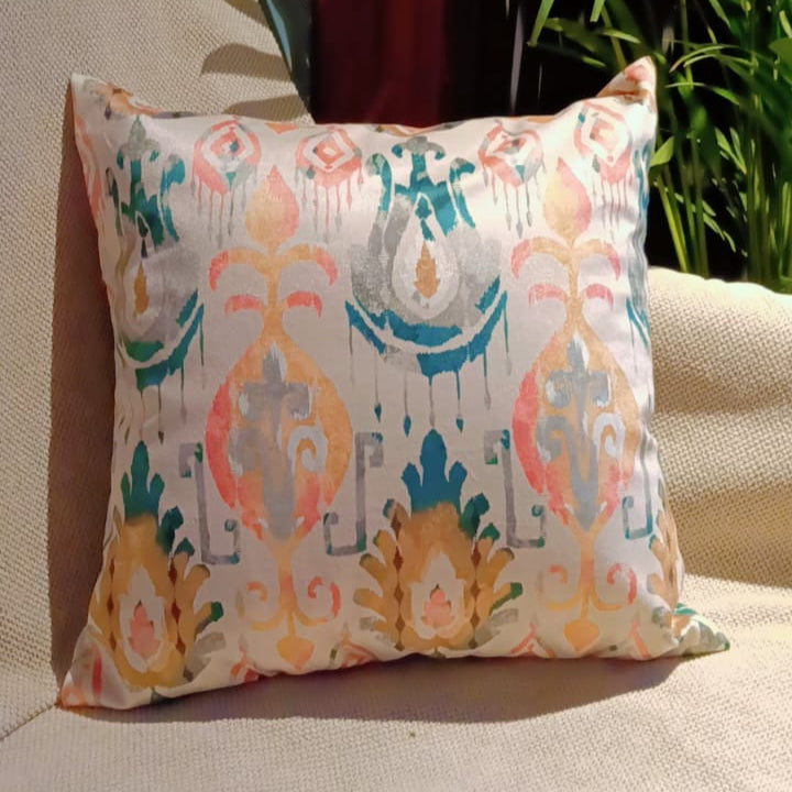 Vibrant oasis Printed Suede Premium Fabric Cushion Cover Aesthetic design with pastel colors like pink, blue, yellow, and green on a white background.