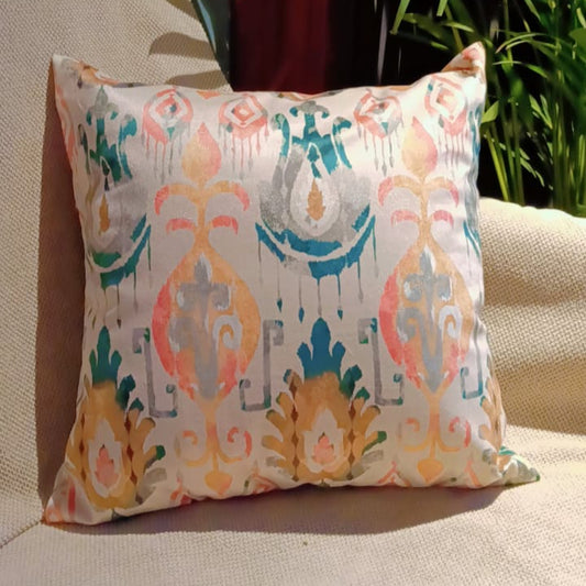 Vibrant oasis Printed Suede Premium Fabric Cushion Cover Aesthetic design with pastel colors like pink, blue, yellow, and green on a white background.