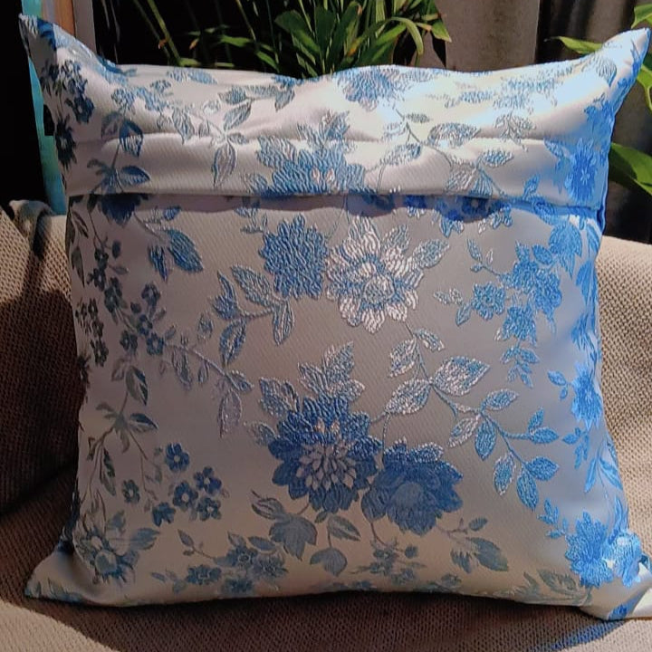 Morning dew Satin silk with embroidery Fabric Cushion Cover  Satin silk with golden background and blue thread embroidered with floral pattern