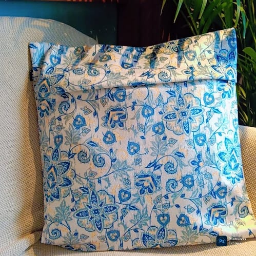 Floral Harmony  Printed Suede Premium Fabric Cushion Cover  Blue Shade on Beige Colour Base