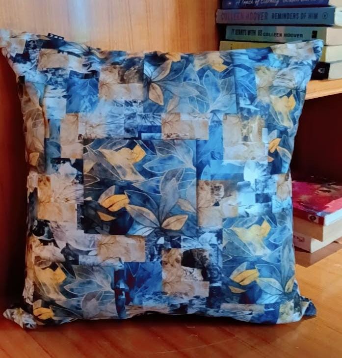 Leafy patchwork  Printed Suede Premium Fabric Cushion Cover  patchwork design with various shares of blue and yellow leaves