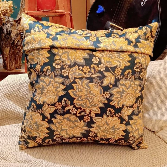 Melody corner  Printed Suede Premium Fabric Cushion Cover  Black base with gold floral patterns.