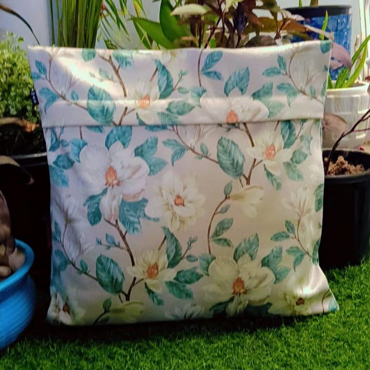 Mongolia Floral Printed Suede Premium Fabric Cushion Cover  Green Leaves on Beige Color Base