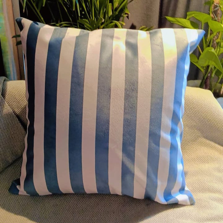 Ocean Breeze Printed Suede Premium Fabric Cushion Cover  striped pattern with shades of blue and white