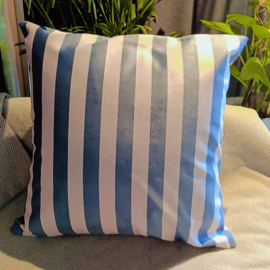 Ocean Breeze Printed Suede Premium Fabric Cushion Cover  striped pattern with shades of blue and white