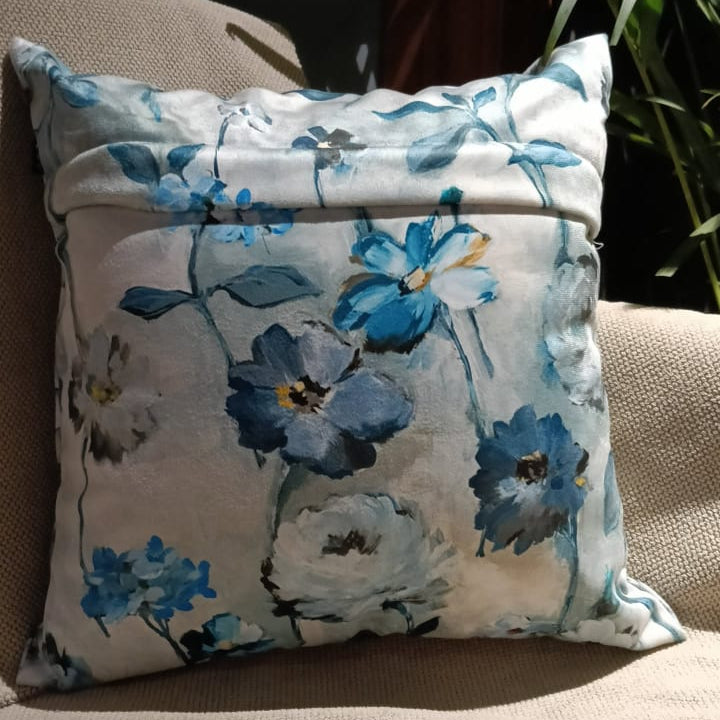 Floral dreams  Printed Suede Premium Fabric Cushion Cover  white base with blue floral pattern