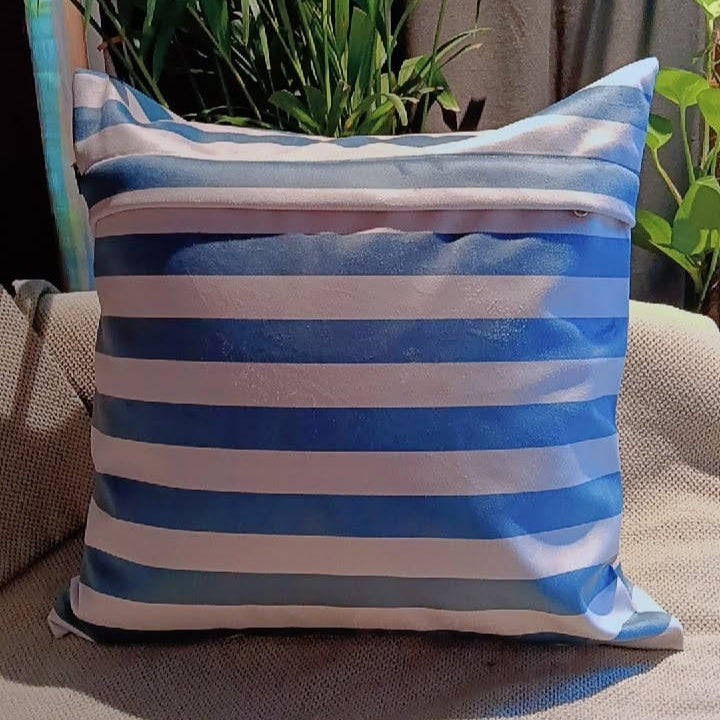 Ocean Breeze Printed Suede Premium Fabric Cushion Cover  striped pattern with shades of blue and white
